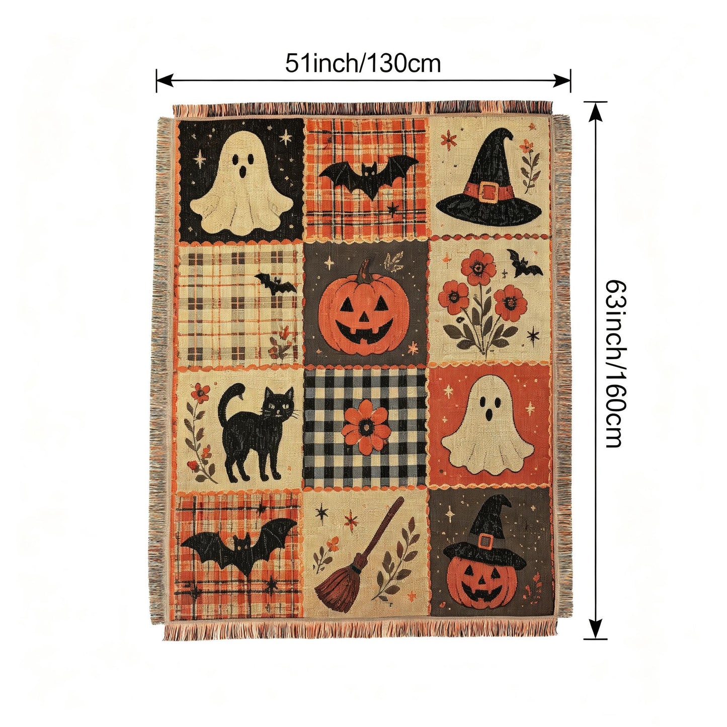 Halloween Patchwork Woven Throw Blanket | Ghost Pumpkin Black Cat Tassel Tapestry Throw