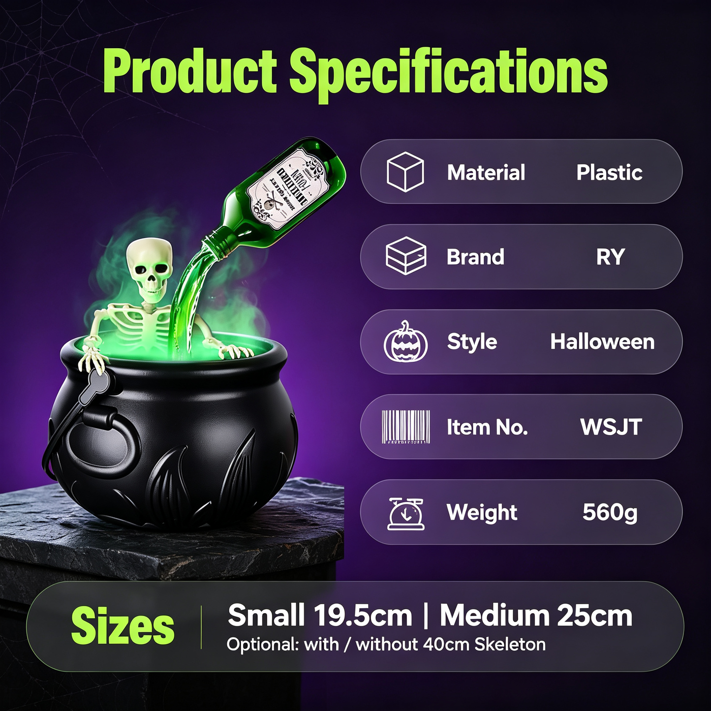 > 🕯️ Magical Bubbling Witch Cauldron — Halloween Fog Maker with Floating Potion Bottles & Glowing Skeleton for Home Party Decor 🍵