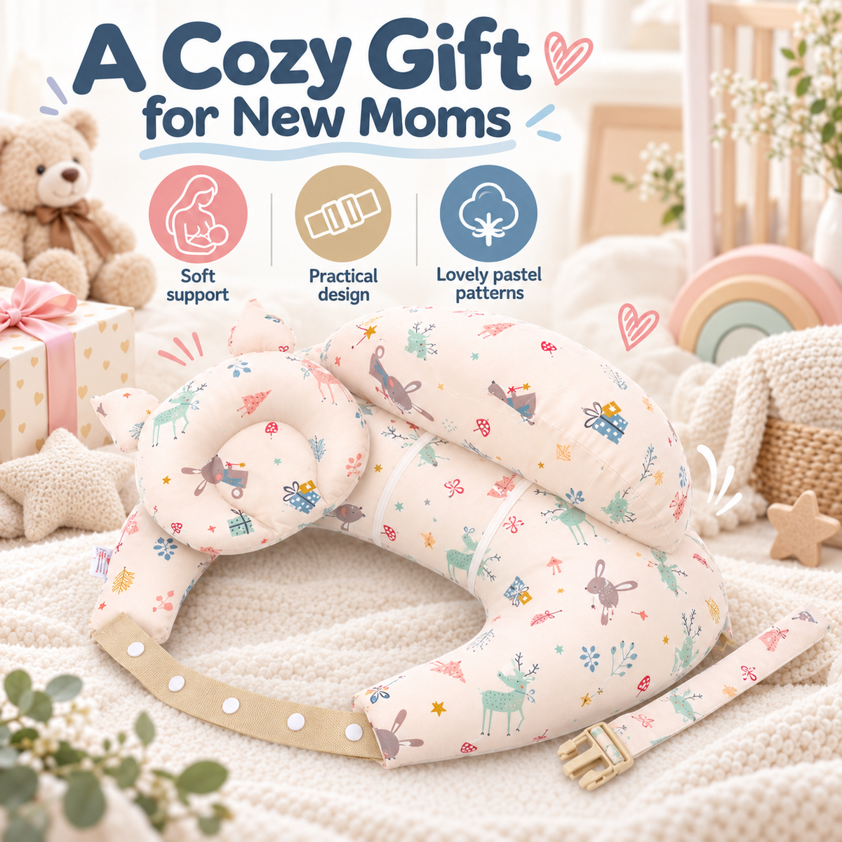 👶 Ergonomic Nursing Pillow 🍼 Hands-Free Feeding Cushion with Adjustable Strap & Baby Pillow