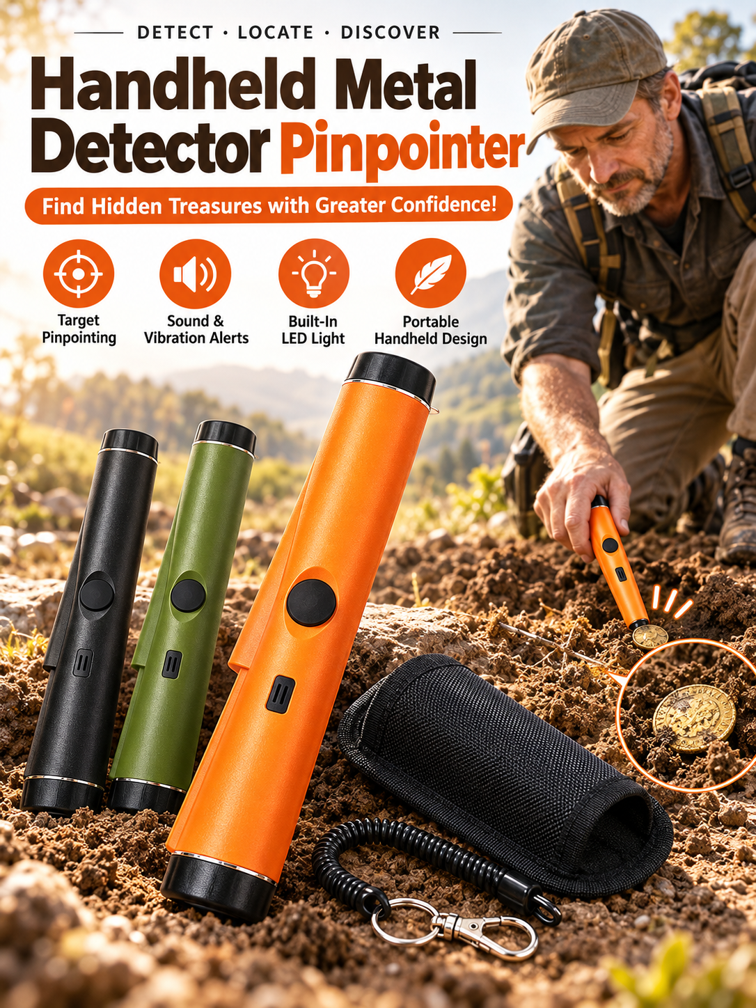 🔎 Handheld Metal Detector Pinpointer – Portable Waterproof Metal Detection Wand for Treasure Hunting
