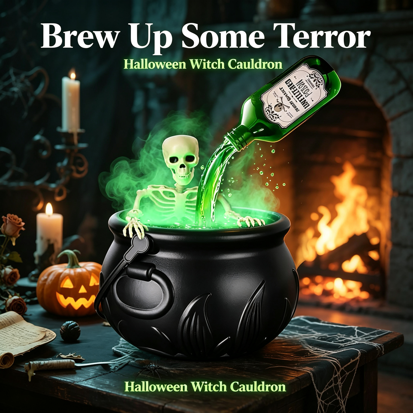 > 🕯️ Magical Bubbling Witch Cauldron — Halloween Fog Maker with Floating Potion Bottles & Glowing Skeleton for Home Party Decor 🍵