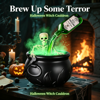 > 🕯️ Magical Bubbling Witch Cauldron — Halloween Fog Maker with Floating Potion Bottles & Glowing Skeleton for Home Party Decor 🍵
