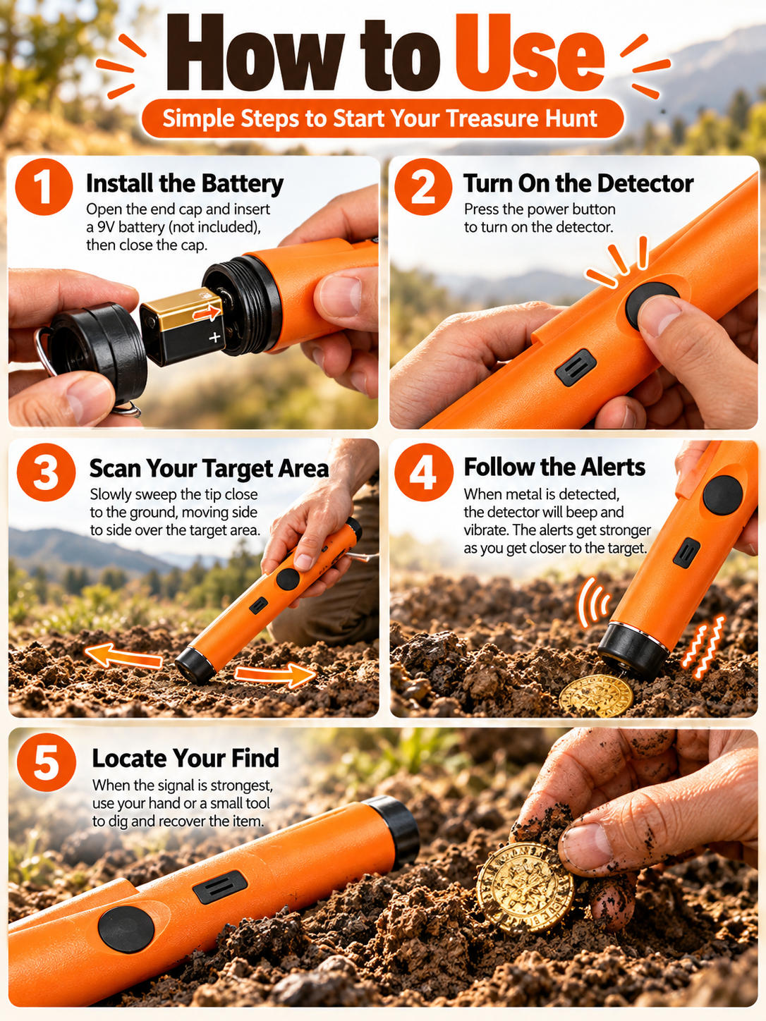 🔎 Handheld Metal Detector Pinpointer – Portable Waterproof Metal Detection Wand for Treasure Hunting