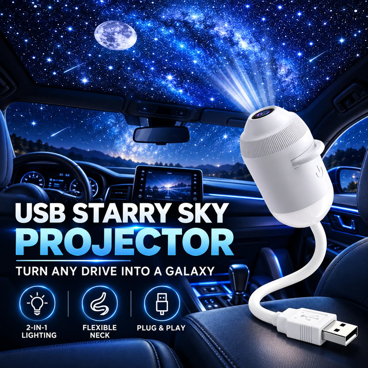 🔥HOT SALE 50% OFF🔥USB Starry Sky Projector Night Light – Flexible Car & Bedroom Galaxy Lamp