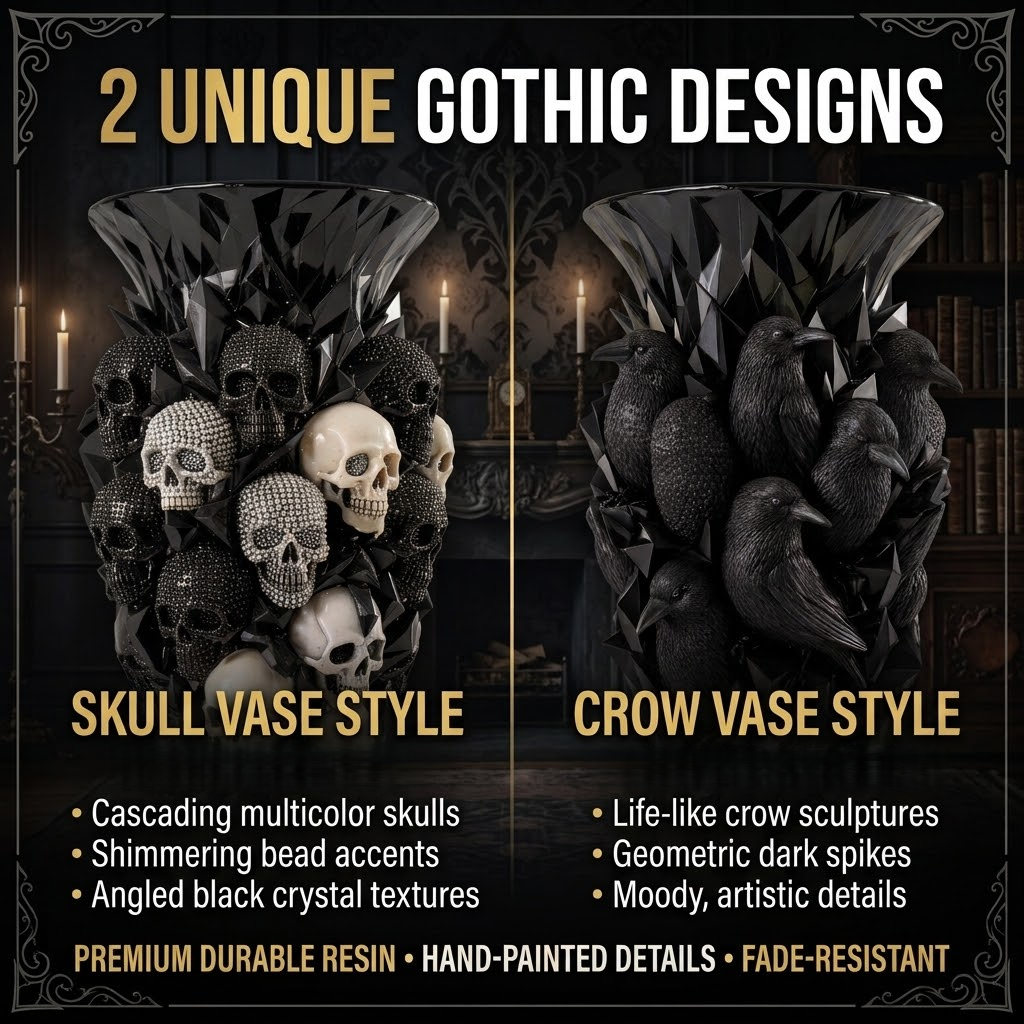 💎💀Gothic Skull & Crow Resin Vase- Dark Decor Vase