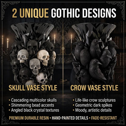 💎💀Gothic Skull & Crow Resin Vase- Dark Decor Vase