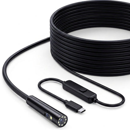 Dual-lens USB-C endoscope camera with its cable coiled, inline control box and USB-C plug, front and side lens on the camera head