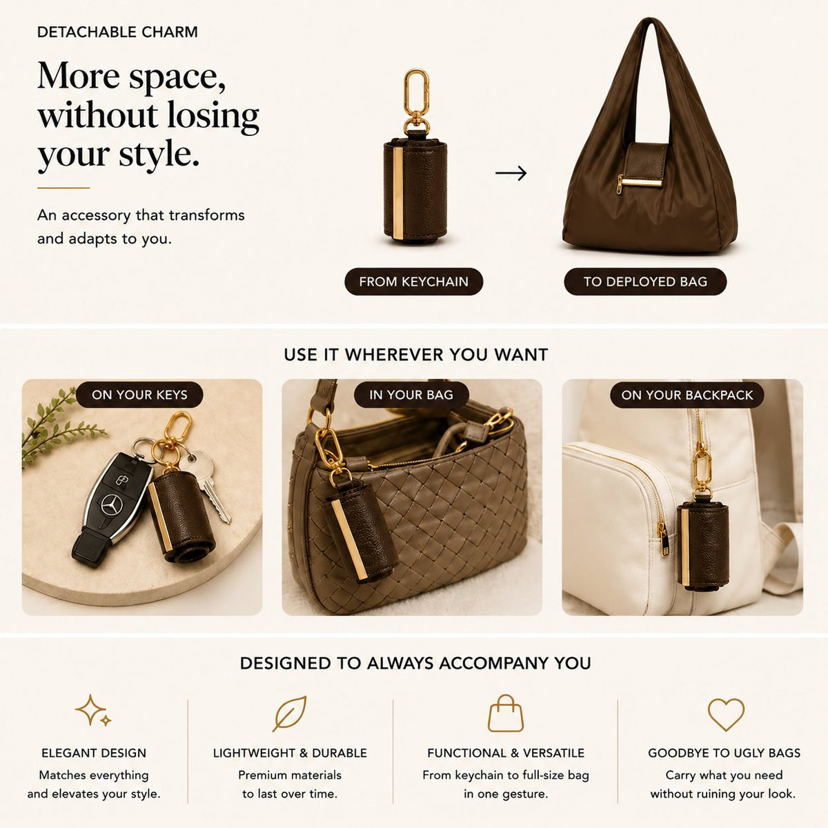 Transformable Keychain Tote – From Charm to Full-Size Bag in Seconds