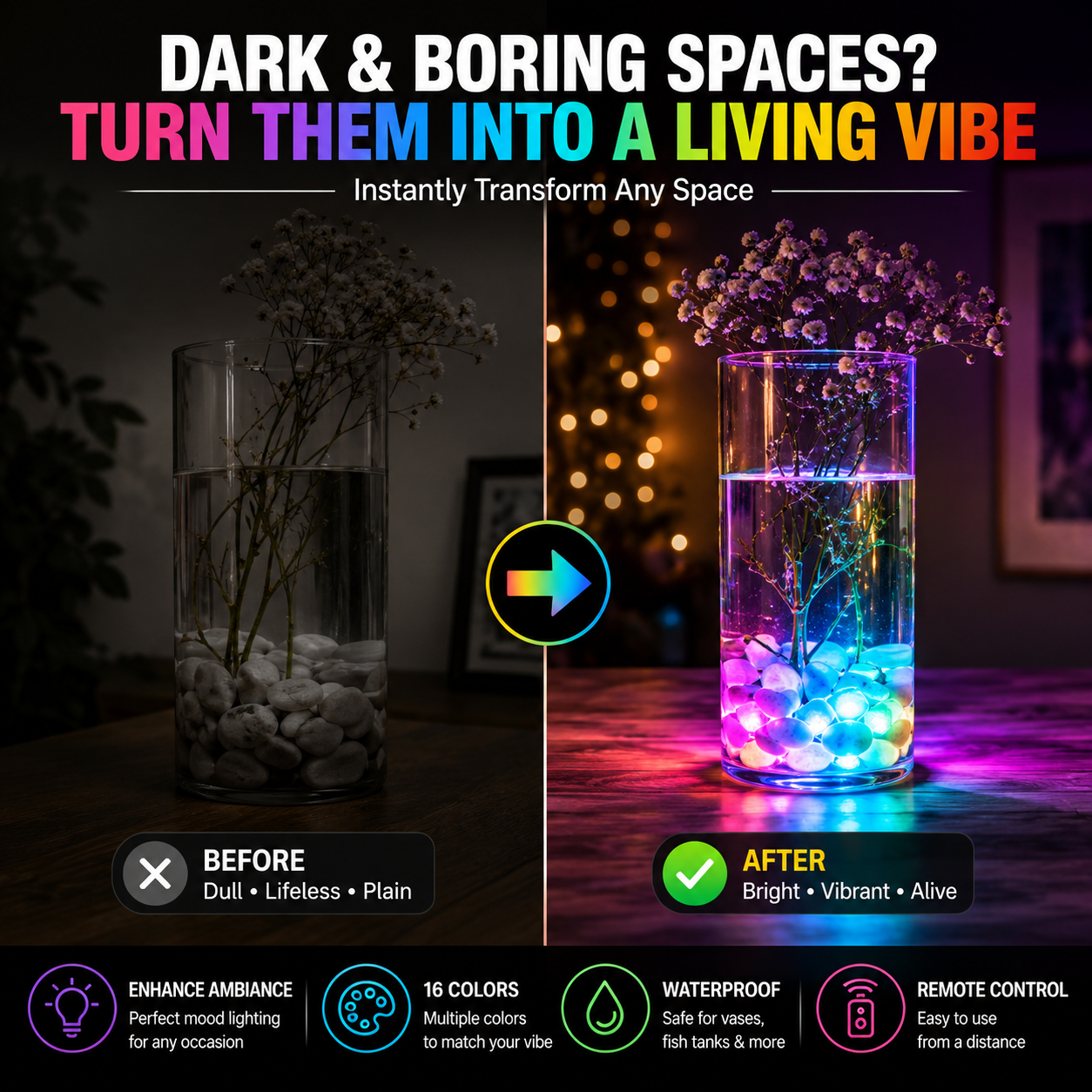 🔥Submersible LED Waterproof Lights – 16 Color Remote Control Aquarium & Party Atmosphere Light