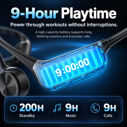 👂 Open-Ear Bone Conduction Headphones – Clear Calls, 9H Battery & Lightweight Comfort