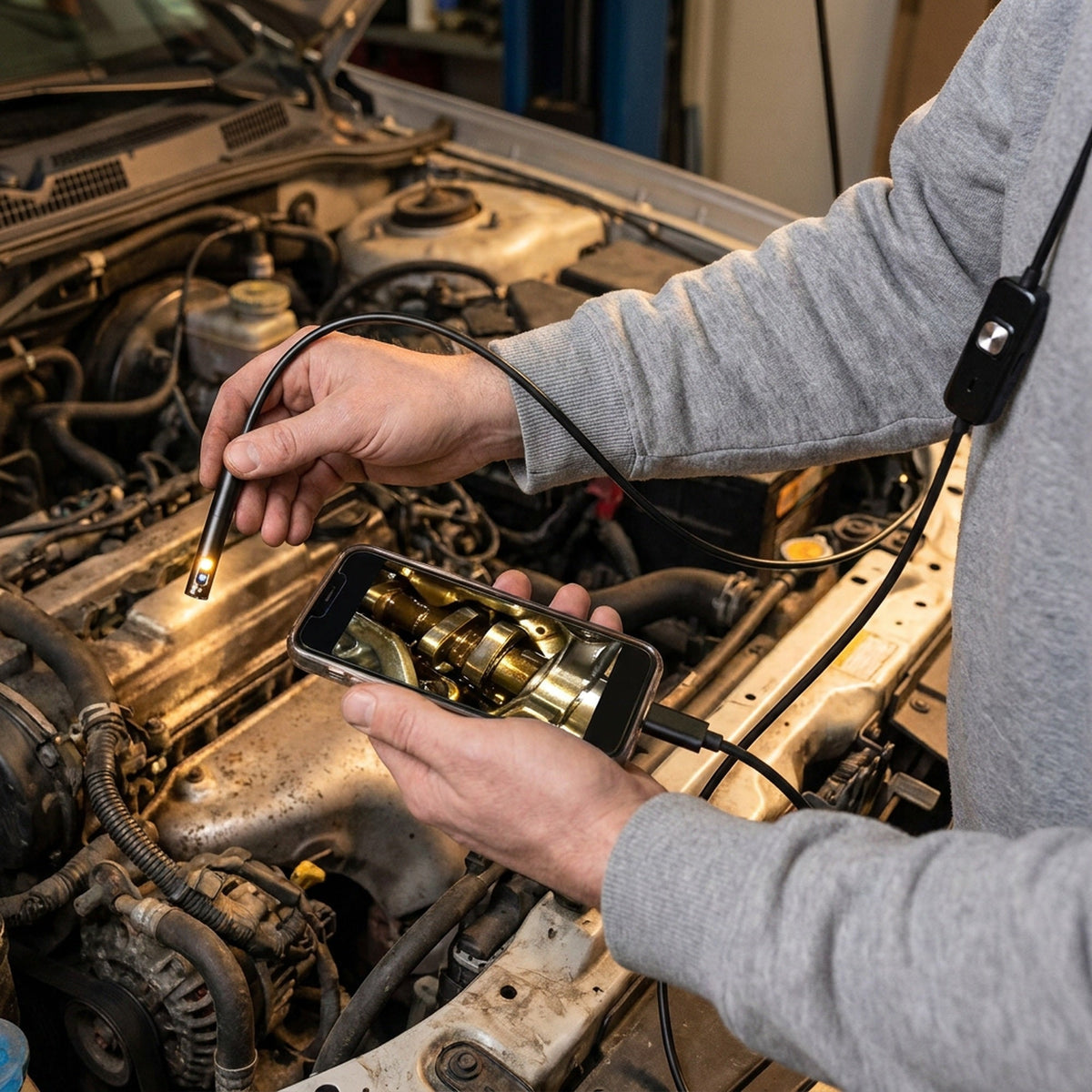 Hands feeding the endoscope camera head between engine parts in a car's engine bay while a phone shows the camera view
