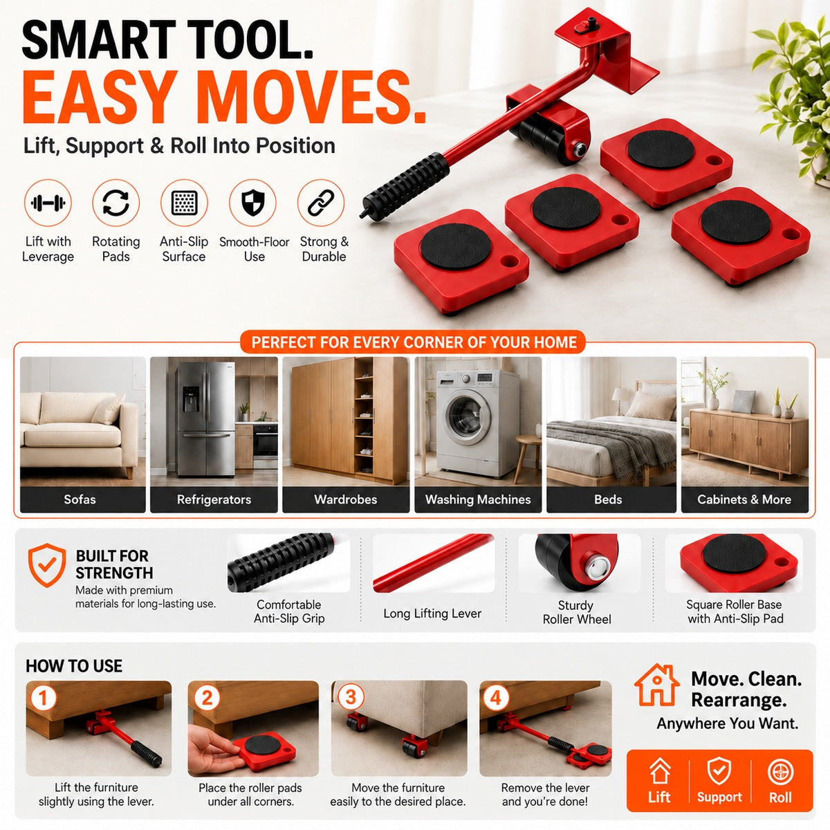 🏡 Furniture Moving Set – Lift, Roll & Rearrange with Less Effort