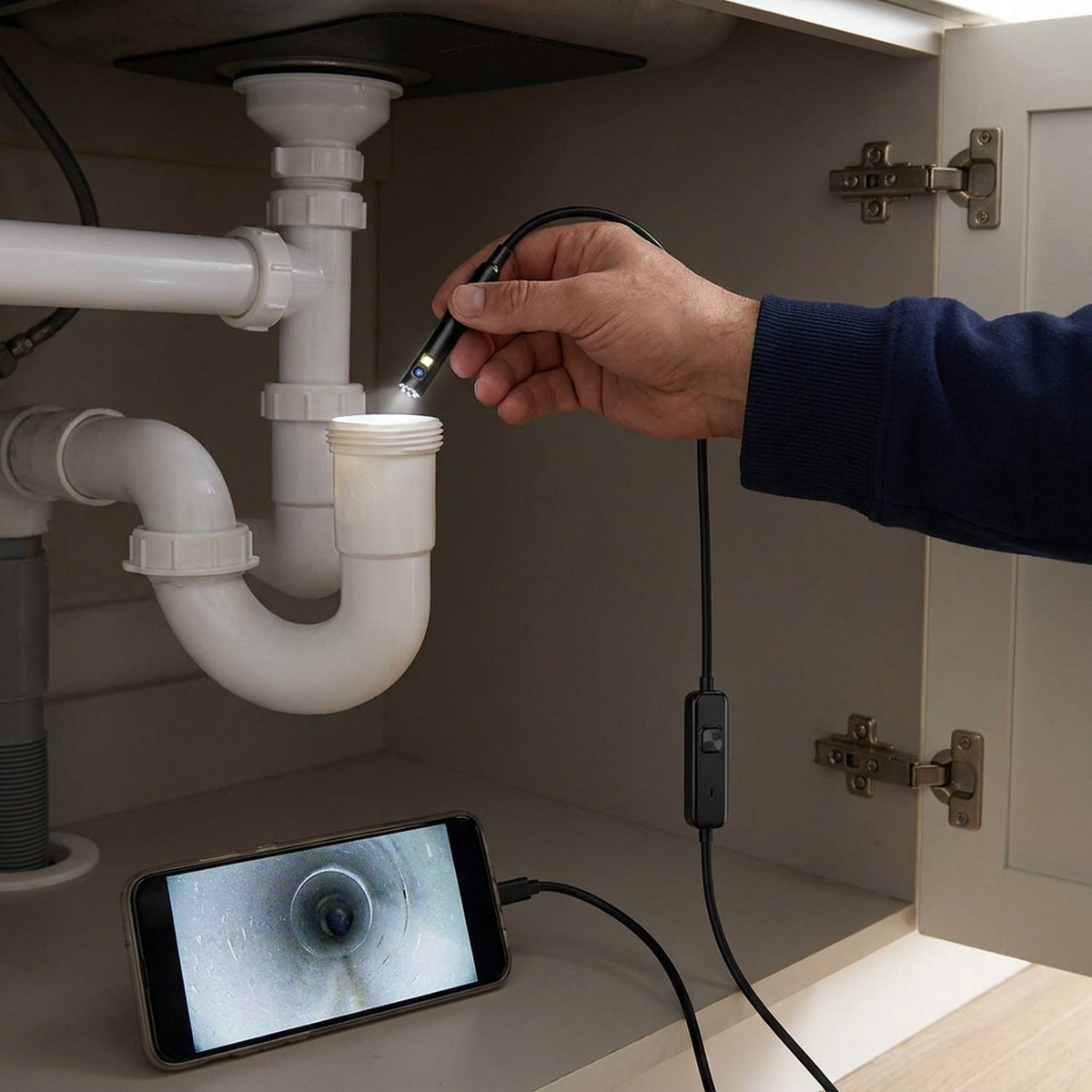 Feeding the endoscope camera into the drain pipe under a kitchen sink with the phone showing the view inside the pipe