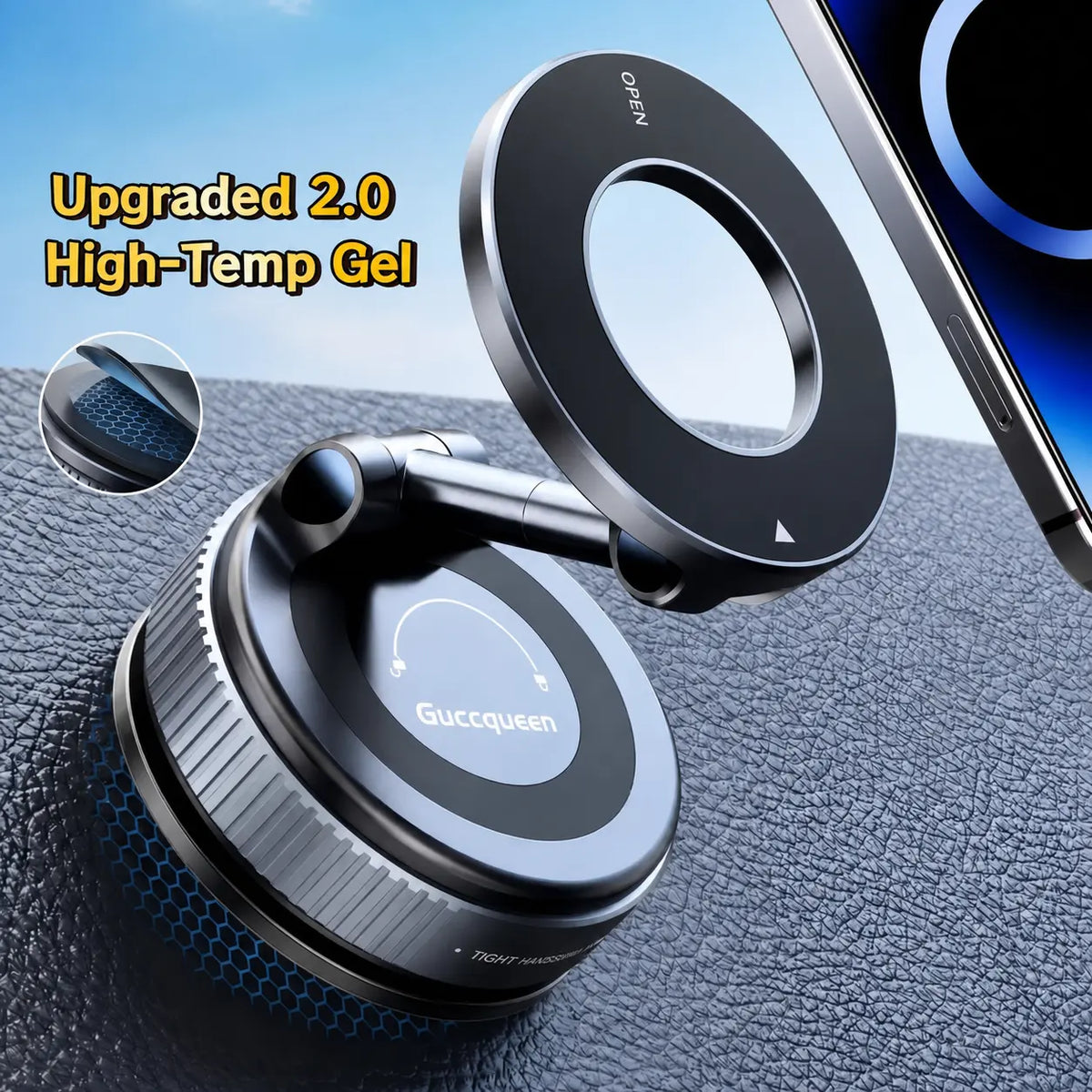 2.0 Fold-Flat Magnetic Car Phone Holder - Compact Metal Secure Smartphone Holder, 20N52 Magnetic Grip, Vertical Round Mount, Vacuum Suction Cup, Heat-Resistant Nano-Adhesive Base, MagSafe Snapon Car Interior Accessory