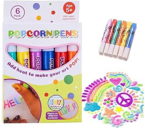 Magic Puffy Pens package with six colors and example puffy artwork