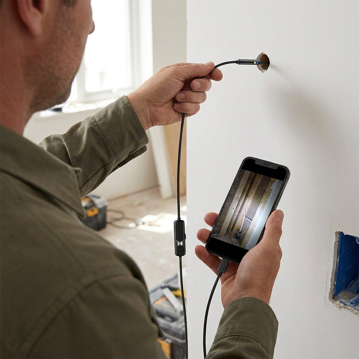 An adult feeding the endoscope cable through a small hole in a wall to look inside the cavity, phone in the other hand