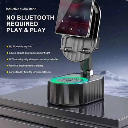 🎵 5-in-1 Wireless Induction Audio Bluetooth Speaker & Phone Holder – 3000mAh Rechargeable Power Bank with Colorful Ambient Light, 300° Foldable Stand for Smartphone & Tablet