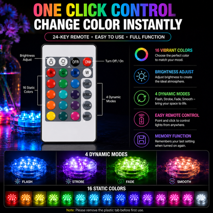 🔥Submersible LED Waterproof Lights – 16 Color Remote Control Aquarium & Party Atmosphere Light