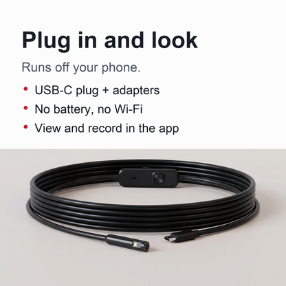 Panel: plugs into the phone's port, powered by the phone, no battery and no Wi-Fi, view and record in the free app