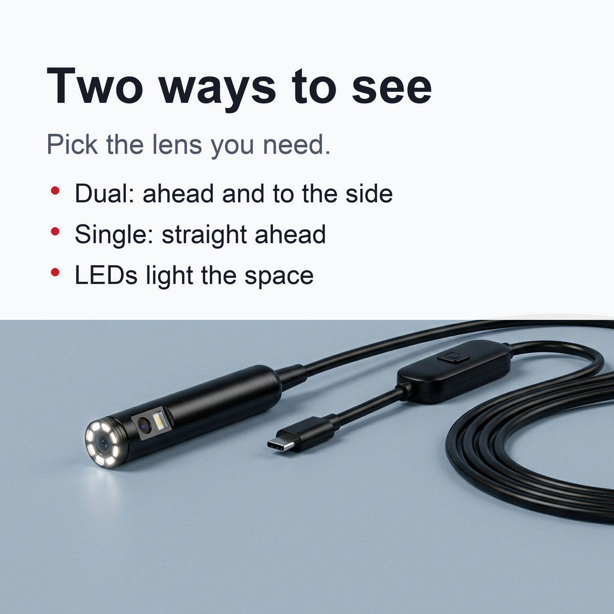 Panel: Dual Lens sees ahead and to the side, Single Lens sees ahead, built-in LEDs light the space
