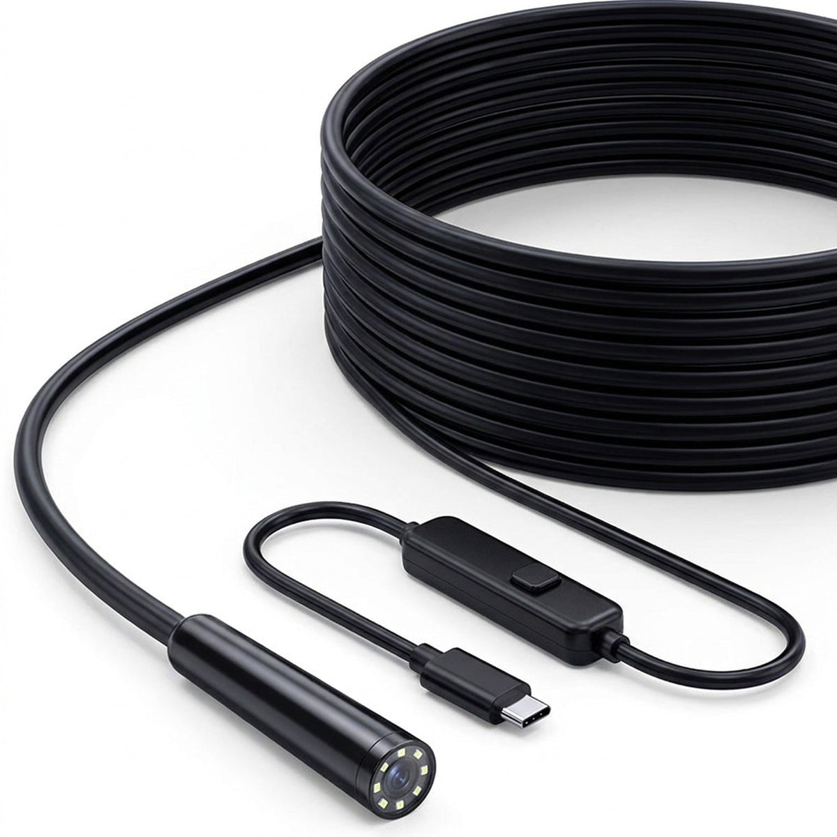 Single-lens USB-C endoscope camera with its cable coiled, inline control box and USB-C plug, one front lens on the camera head
