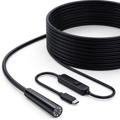 Single-lens USB-C endoscope camera with its cable coiled, inline control box and USB-C plug, one front lens on the camera head