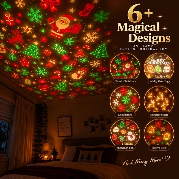 Christmas projector filling a bedroom with festive holiday patterns
