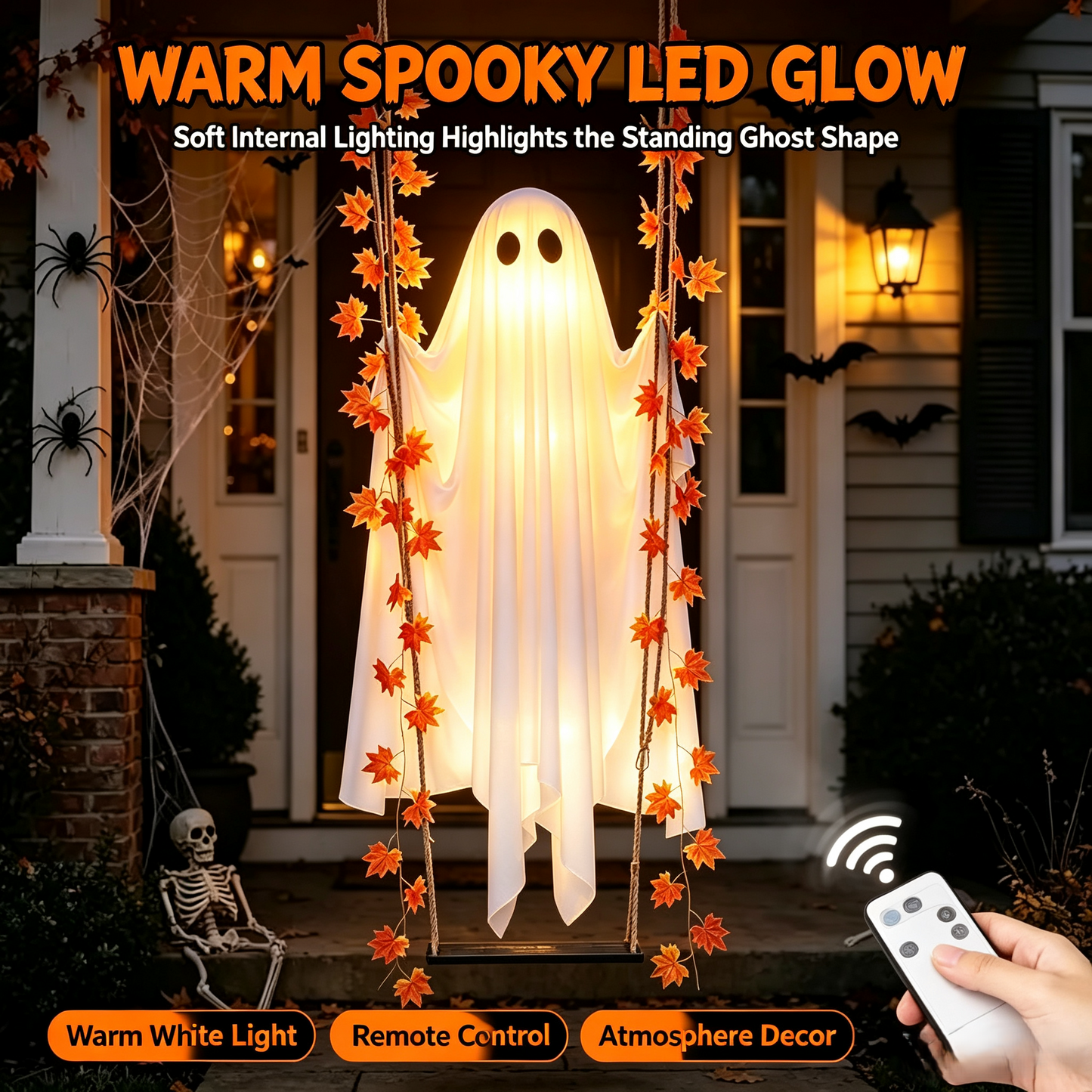 🎃 Limited Halloween Sale 👻✨LED Hanging Ghost Swing Decoration, 5FT Remote Controlled Halloween Outdoor Hanging Decor