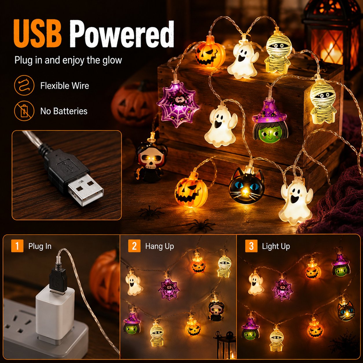 🔥49% OFF🎃Halloween USB LED String Lights👻 Pumpkin Witch Ghost Home Decor✨