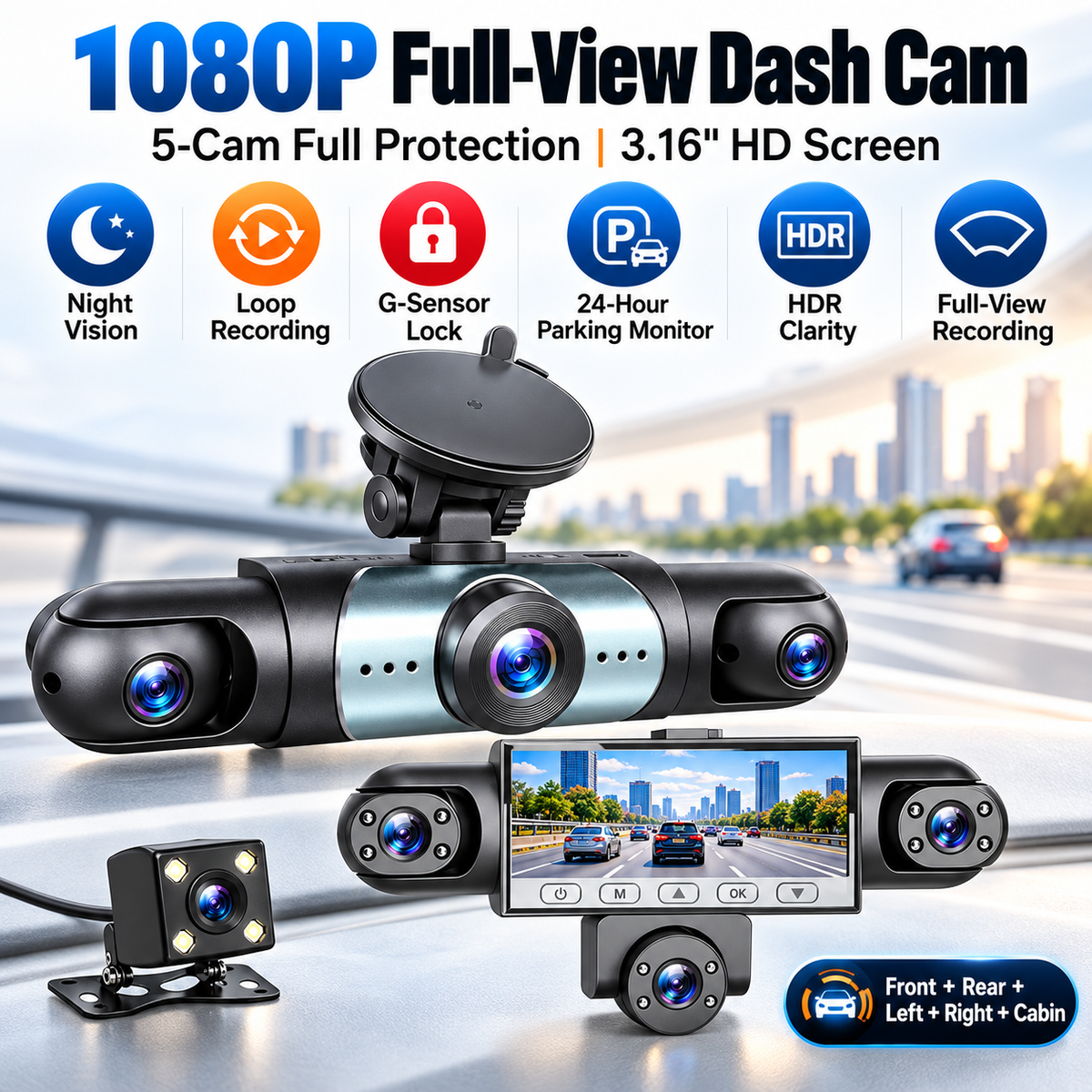🎥 1080P HD Car Dash Camera | 🚘Infrared Night Vision, G-Sensor, Loop Recording & Adjustable Lenses