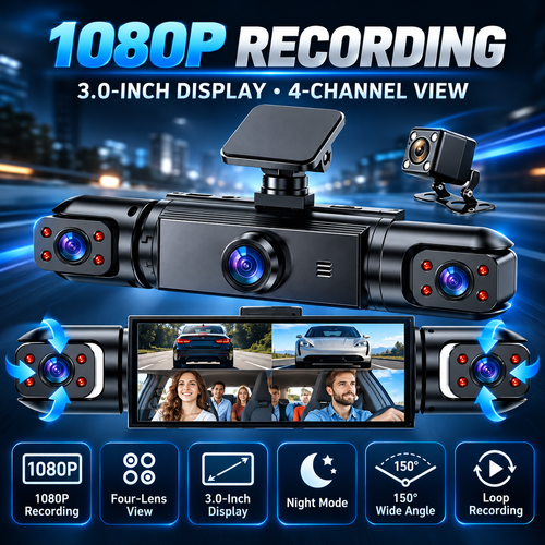 🚗 4-Lens 1080P Dash Cam — See Front, Left, Right & Rear in One Drive