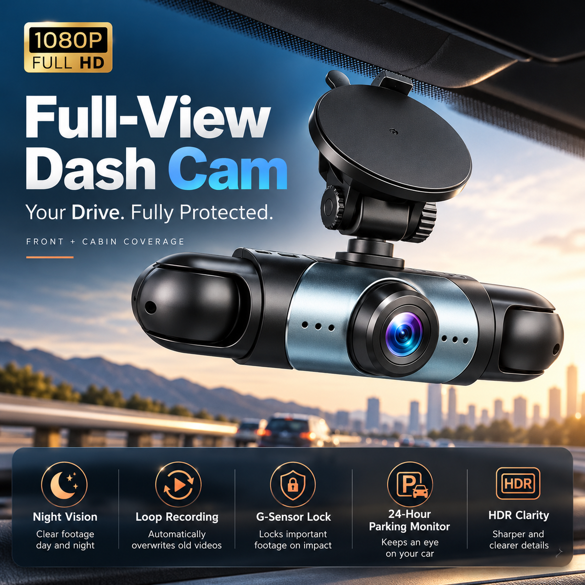 🎥 1080P HD Car Dash Camera | 🚘Infrared Night Vision, G-Sensor, Loop Recording & Adjustable Lenses