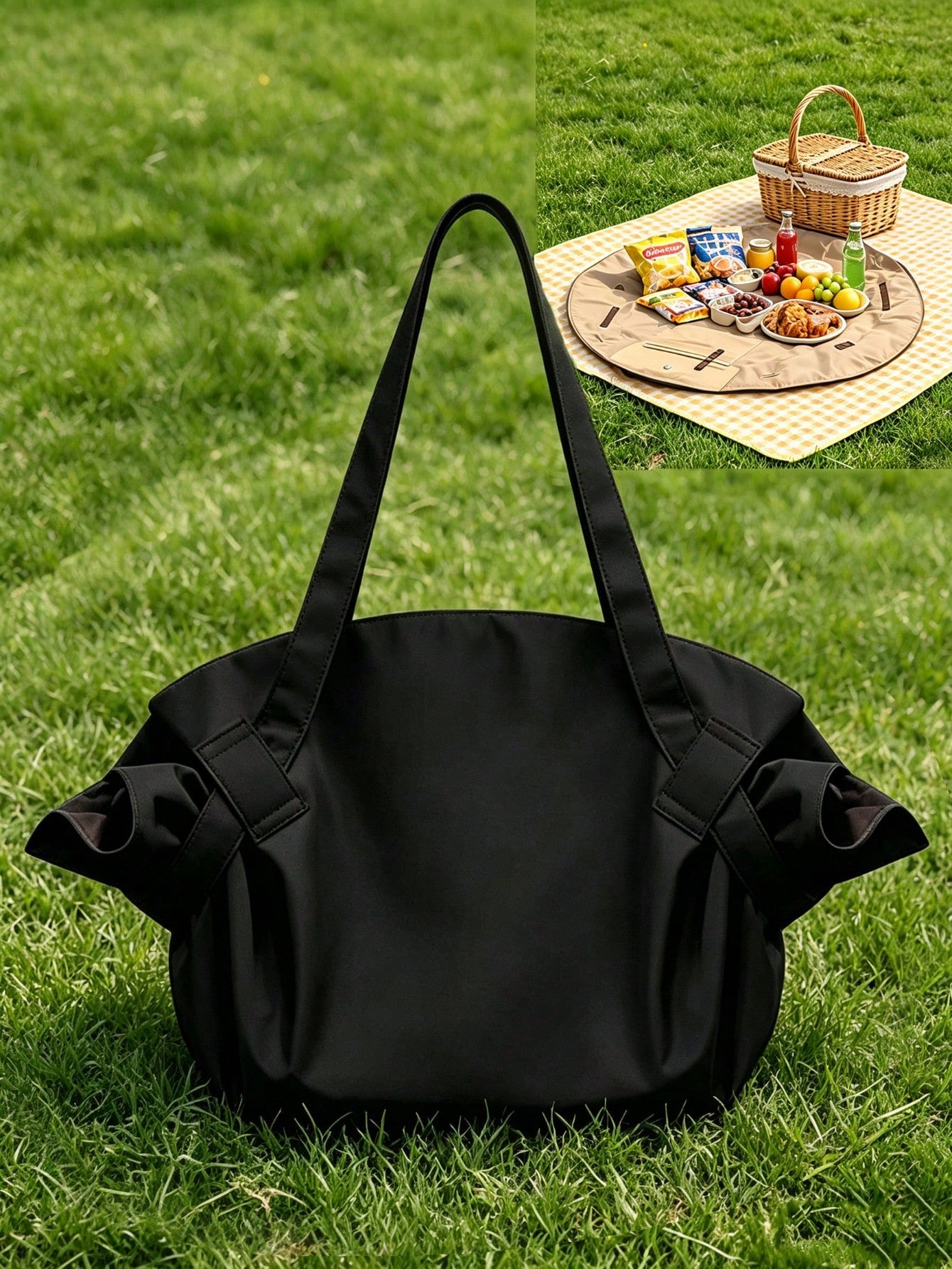 2-in-1 Convertible Tote Bag and Picnic Blanket, Water Resistant Oxford Fabric Reusable Pull-Strap Carryall