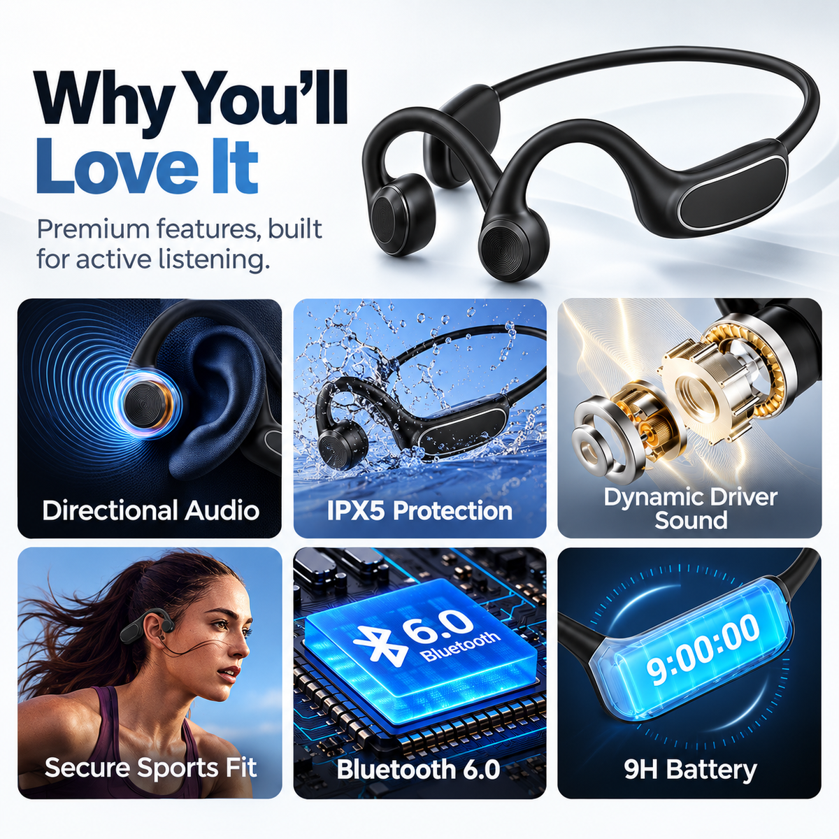 👂 Open-Ear Bone Conduction Headphones – Clear Calls, 9H Battery & Lightweight Comfort