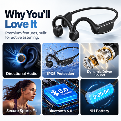 👂 Open-Ear Bone Conduction Headphones – Clear Calls, 9H Battery & Lightweight Comfort