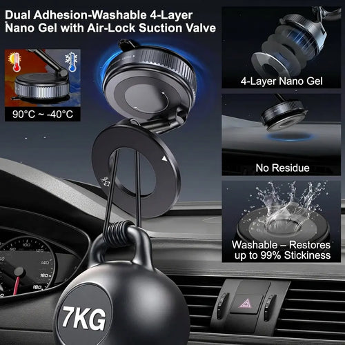 2.0 Fold-Flat Magnetic Car Phone Holder - Compact Metal Secure Smartphone Holder, 20N52 Magnetic Grip, Vertical Round Mount, Vacuum Suction Cup, Heat-Resistant Nano-Adhesive Base, MagSafe Snapon Car Interior Accessory