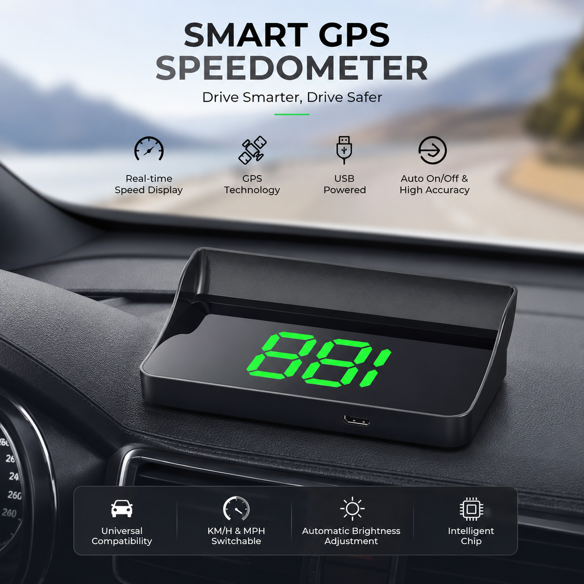 ⚡ Smart GPS Speedometer for Cars – Real-Time MPH/KM/H Display, Auto Brightness & USB Power