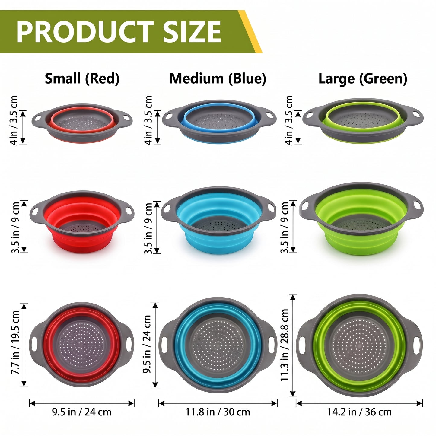 🥬3-Piece Collapsible Colander Set🥬 – Space-Saving Silicone Strainers