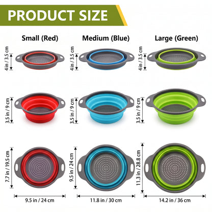 🥬3-Piece Collapsible Colander Set🥬 – Space-Saving Silicone Strainers