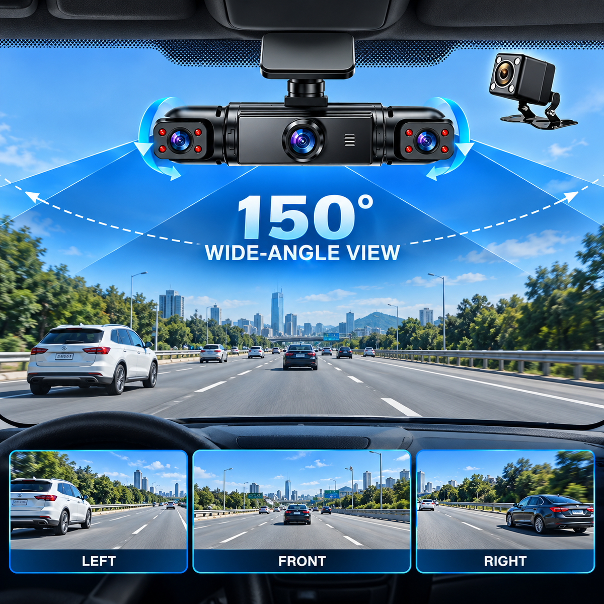 🚗 4-Lens 1080P Dash Cam — See Front, Left, Right & Rear in One Drive