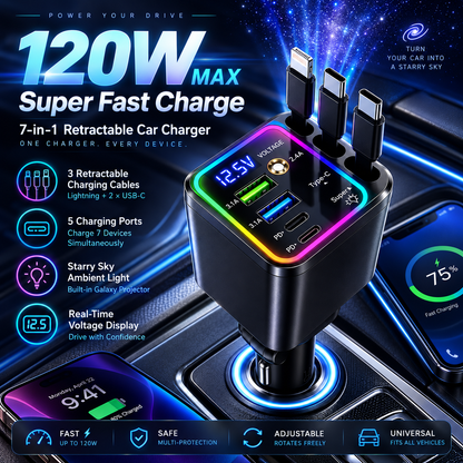 🔥7-in-1 Retractable Car Charger – 120W Fast Charging & Galaxy Light