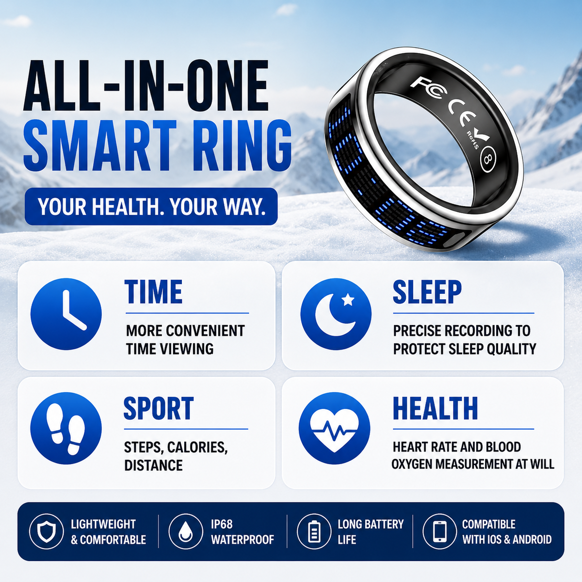 Smart Health Ring – 24/7 Heart Rate, Sleep & Activity Tracking | Sleek, Lightweight & IP68 Waterproof