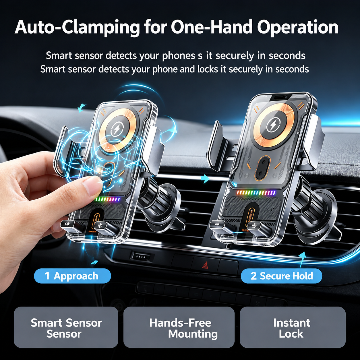 Auto-Clamping Car Wireless Charger, 15W Qi Fast Charging