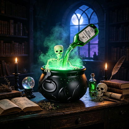 > 🕯️ Magical Bubbling Witch Cauldron — Halloween Fog Maker with Floating Potion Bottles & Glowing Skeleton for Home Party Decor 🍵