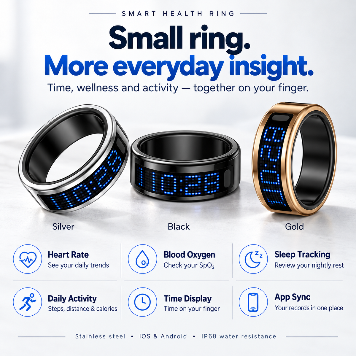 Smart Health Ring – 24/7 Heart Rate, Sleep & Activity Tracking | Sleek, Lightweight & IP68 Waterproof