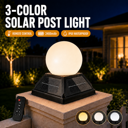 ☀️ 3-Color Dimmable Solar Post Light with Remote – 2400mAh, IP65 Waterproof