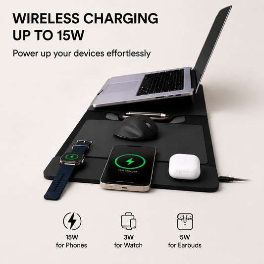 💼💻The All-In-One Mobile Workstation Sleeve | Built-In 15W Multi-Device Wireless Charger, Ergonomic Laptop Stand & Mousepad (Fits up to 16')