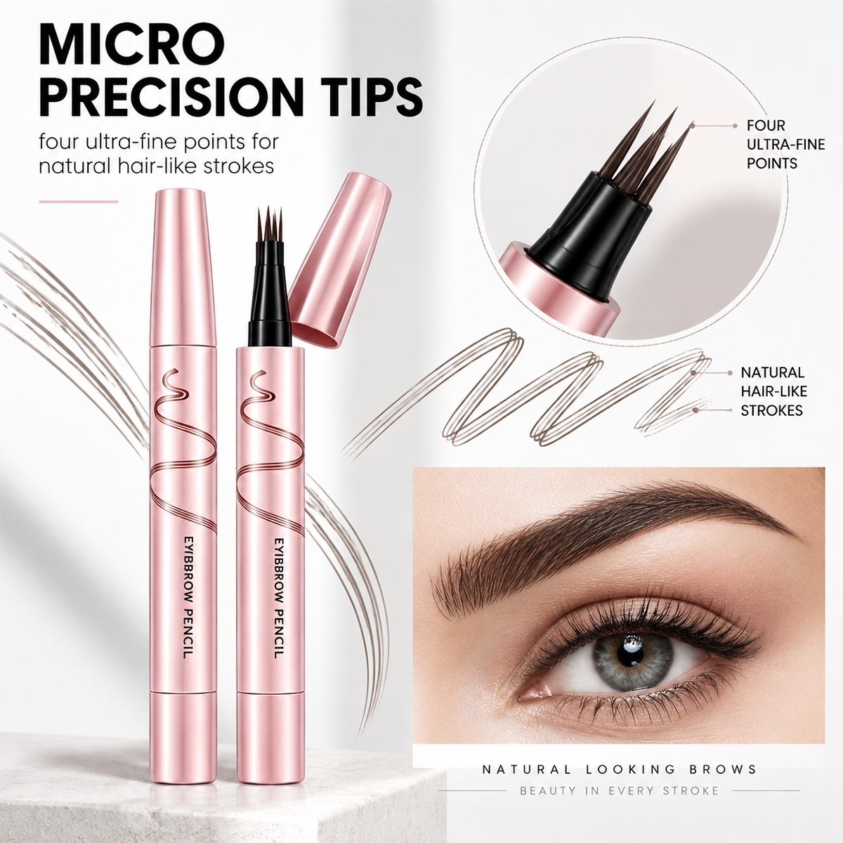 🔥🖤 Waterproof Eyebrow Pencil with 4-Prong Tip | Ultra-Fine Lines for Natural Hair-Like Effect 💗
