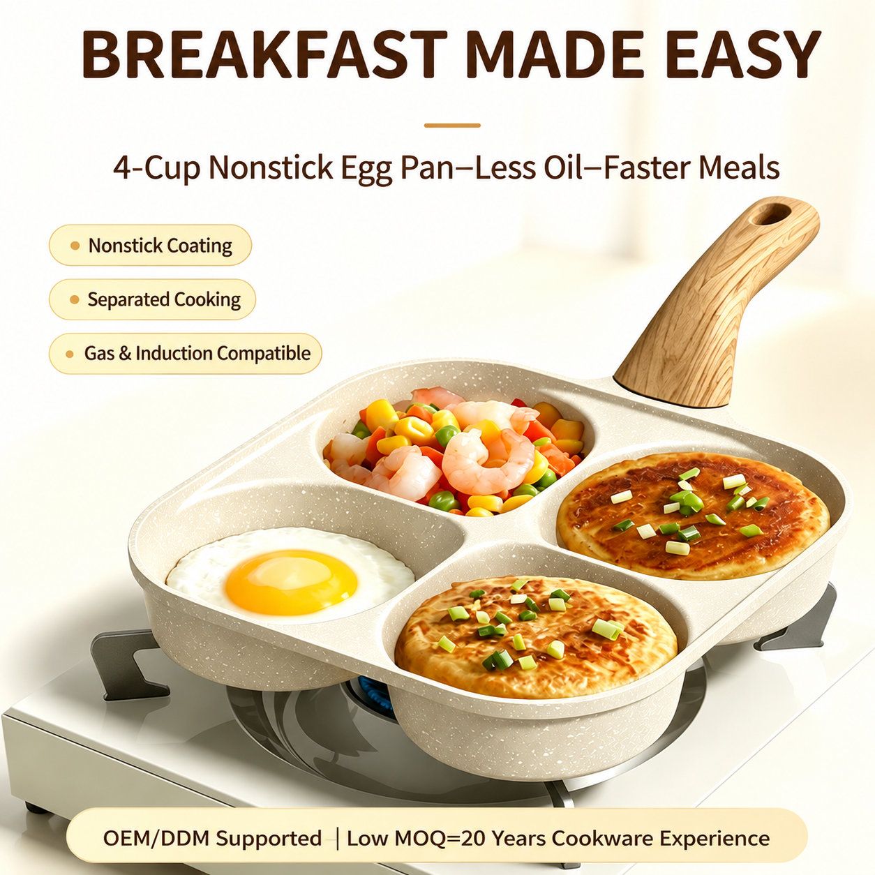 🍳4-Cup Nonstick Egg Pan, Wood Handle, Multi-Color Breakfast Skillet
