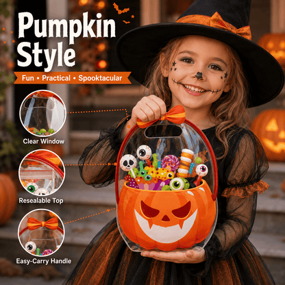 20-Pack Pumpkin Halloween Treat Bags – Resealable Clear Party Favour Bags with Handles
